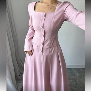 New without tags Pink Long-Sleeve Button Maxi Dress - Square Neck Vintage Style